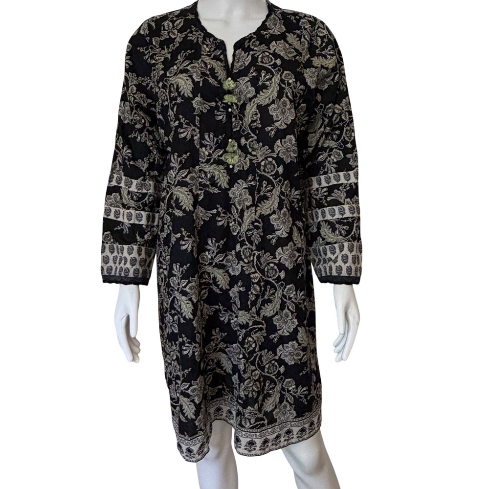 Junaid Jamshed J. Pret Black Floral Paisley Cotton Tunic Kurti‎ Womens XL 16